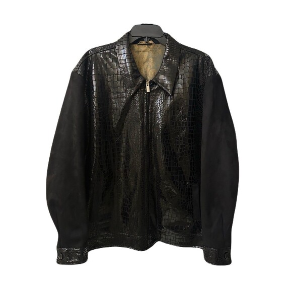 NEW Inserch Mens Size 2XL Glossy Black Alligator Embossed Zip Jacket Faux Suede - Picture 2 of 11